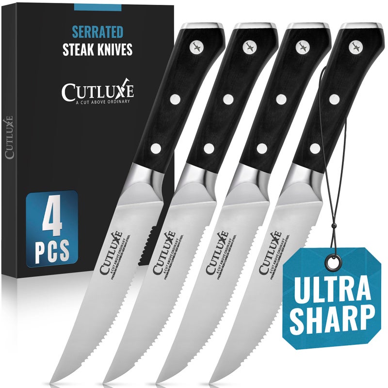 Cutluxe Steak Knives Set of 4, Serrated Steak Knives â€“ Forged High Carbon German Steel, Full Tang, Ergonomic Handle Design â€“ Artisan Series - Image 1
